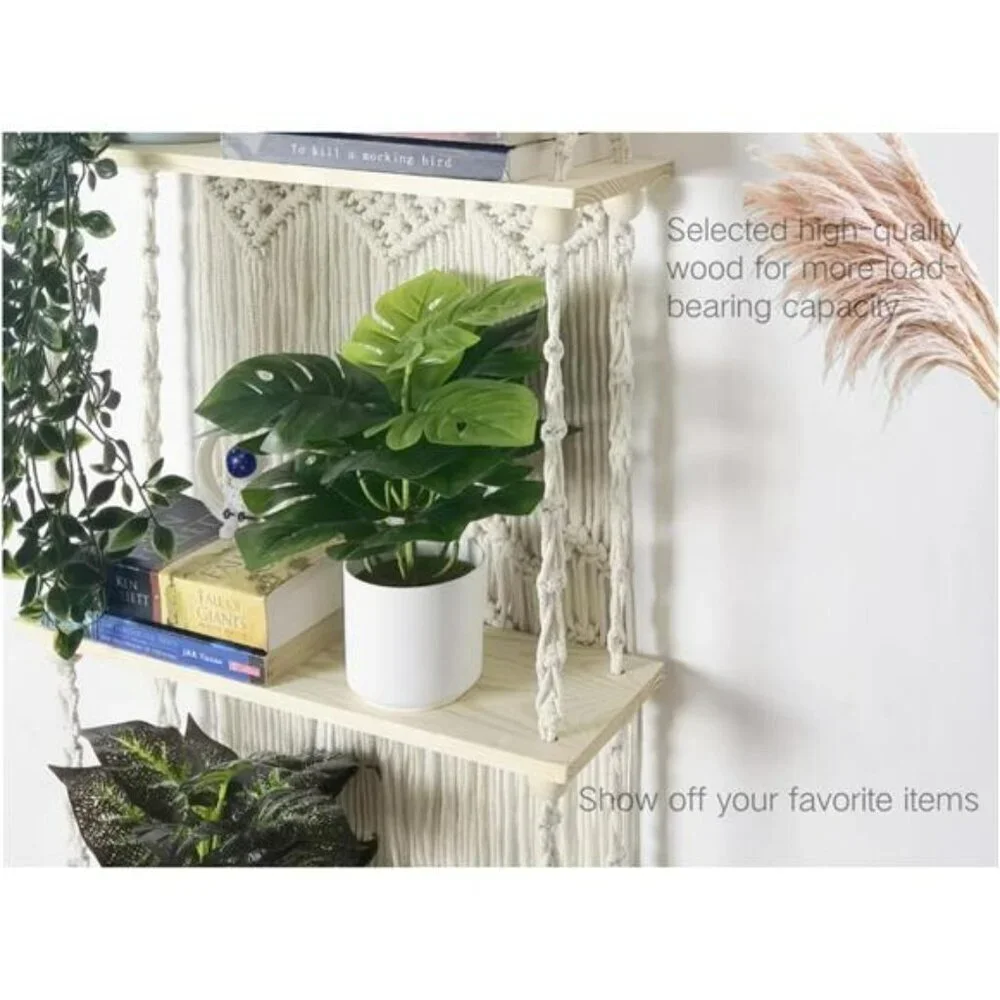 Macrame Wall Hanging Shelf 2 Tier Boho Floating Shelf Organizer for Plants